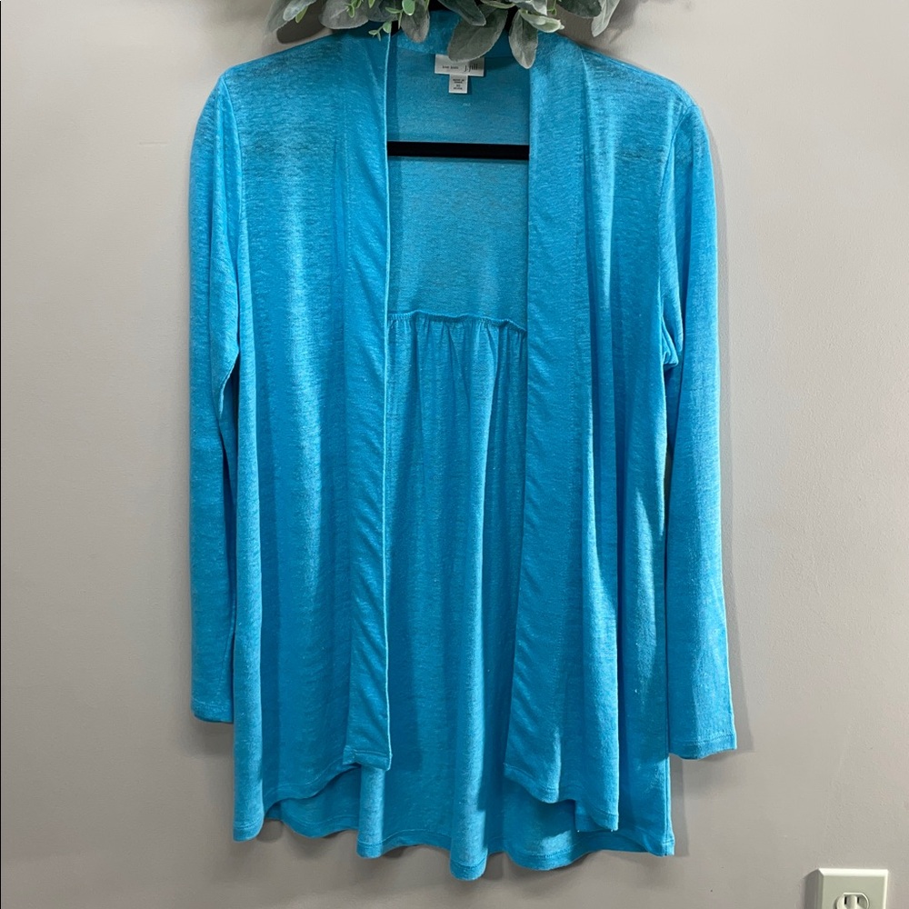 NWOT J. Jill Love Linen 100% Linen Open Front Blue Cardigan Sweater XS Petite